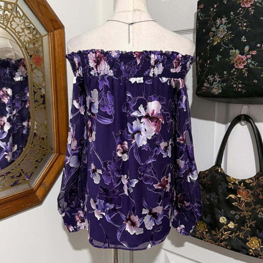 White House Black Market Purple Silk Blend Floral Burnout Off the Shoulder Top - Picture 5 of 8
